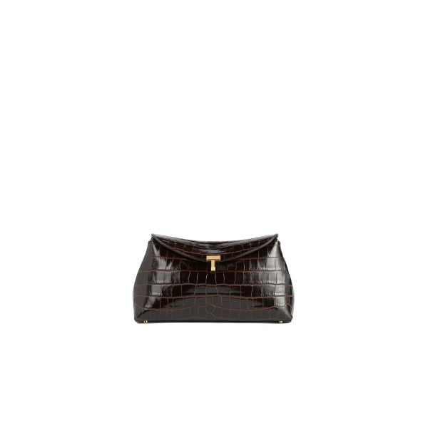 T-Lock croco-embossed clutch in Dark brown