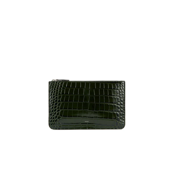 Threefold croco-embossed clutch in Dark green