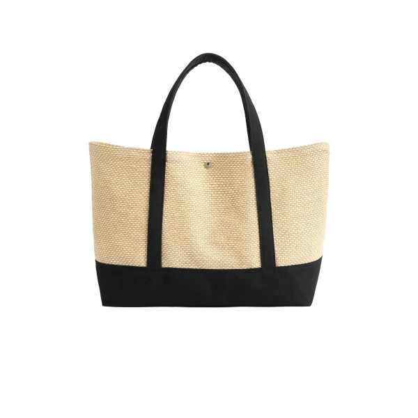 Woven beach tote in Black / Ecru