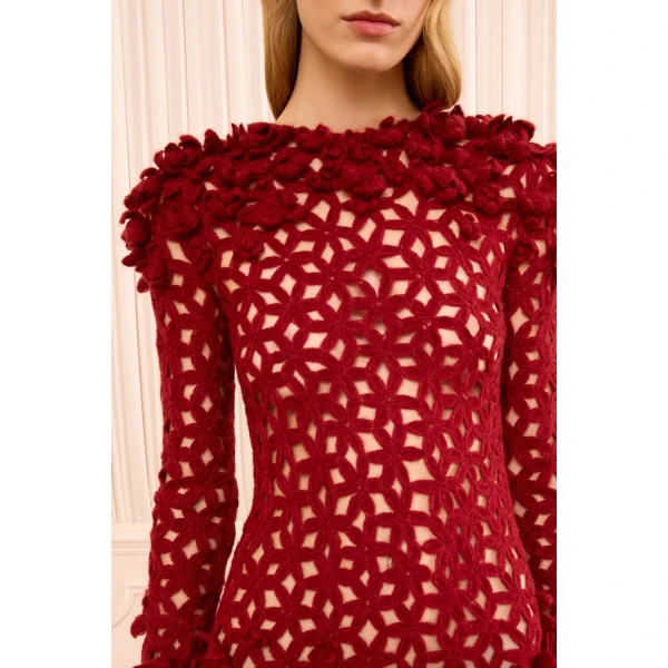 astrid crochet dress with embroidered flowers cerise