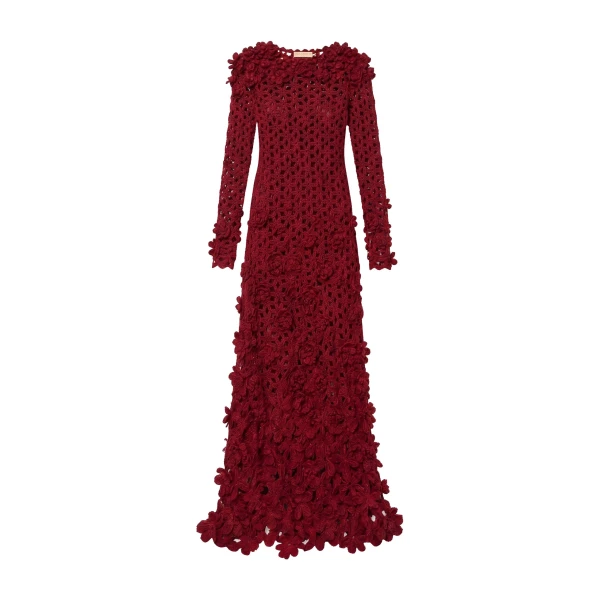 Astrid Crochet Dress with Embroidered Flowers in Cerise