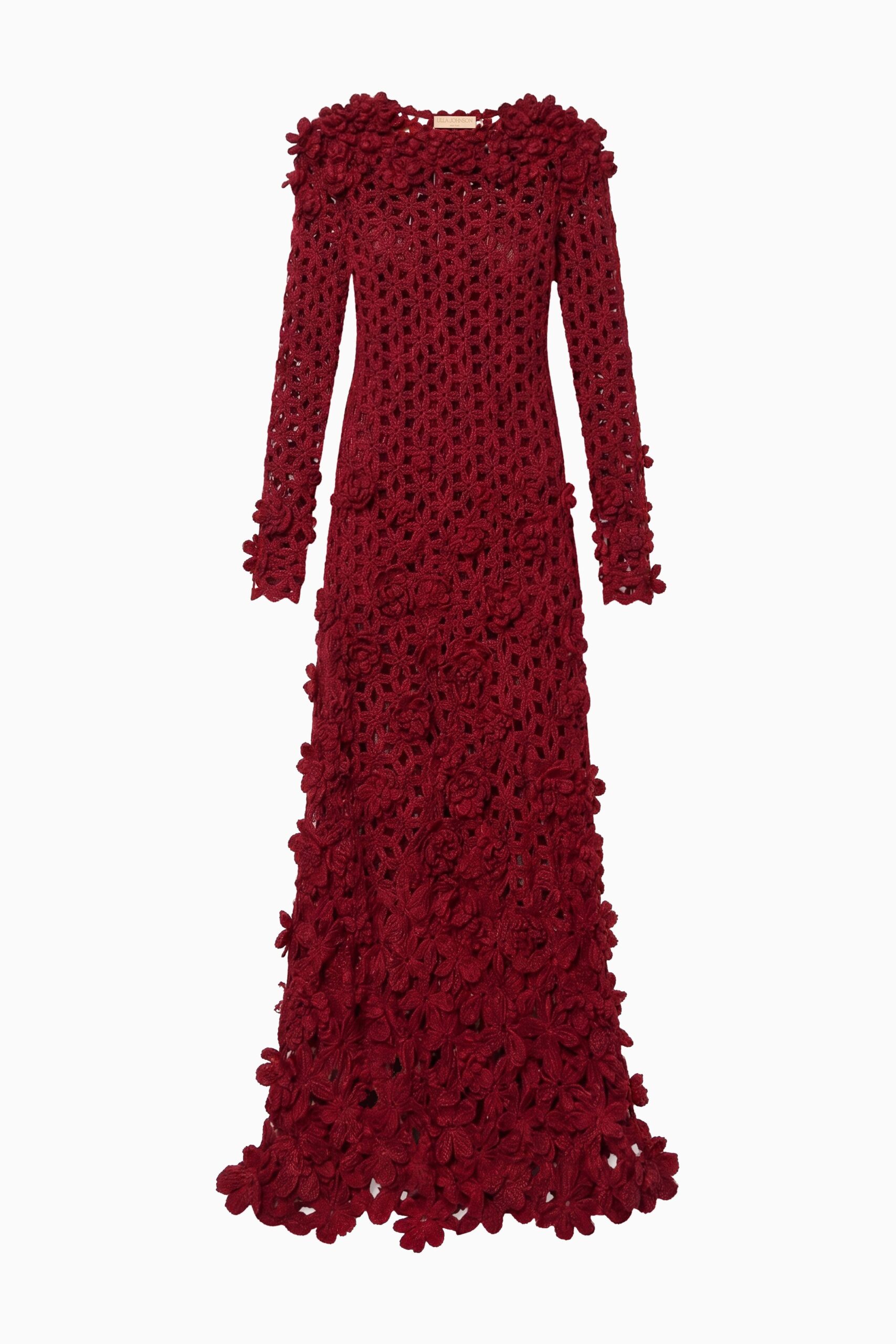 Astrid Crochet Dress with Embroidered Flowers in Cerise