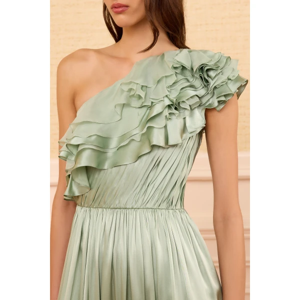 avalina ruffled silk one shoulder gown celadon