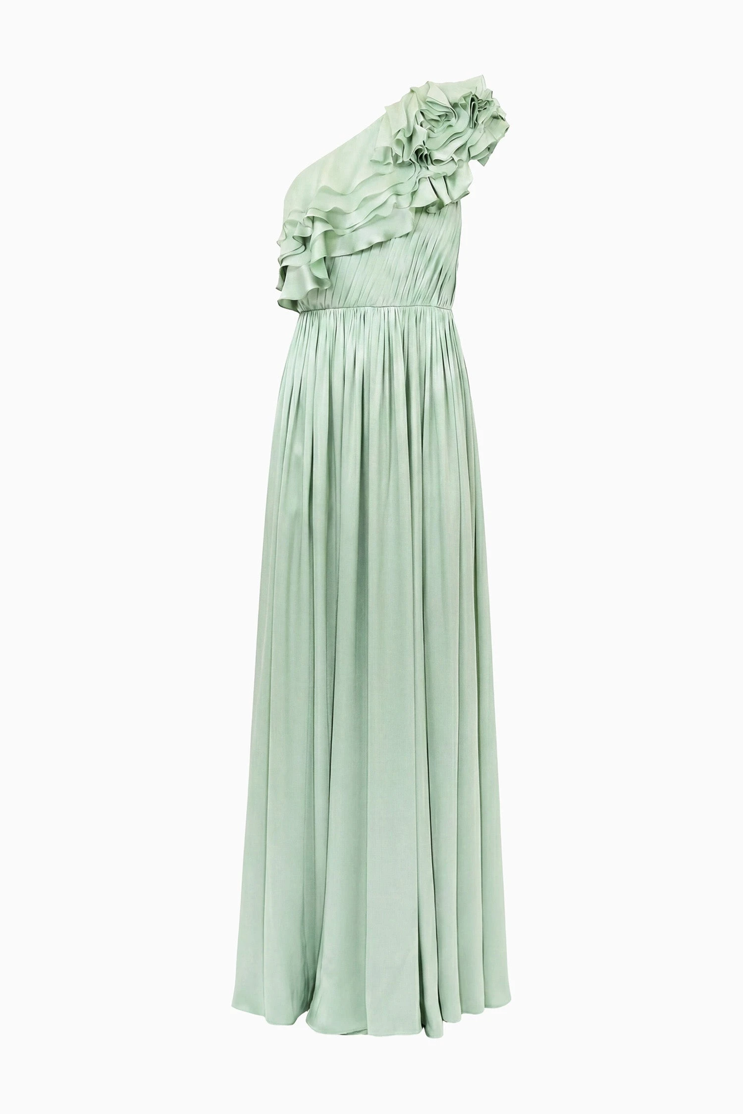 Avalina Ruffled Silk One Shoulder Gown in Celadon