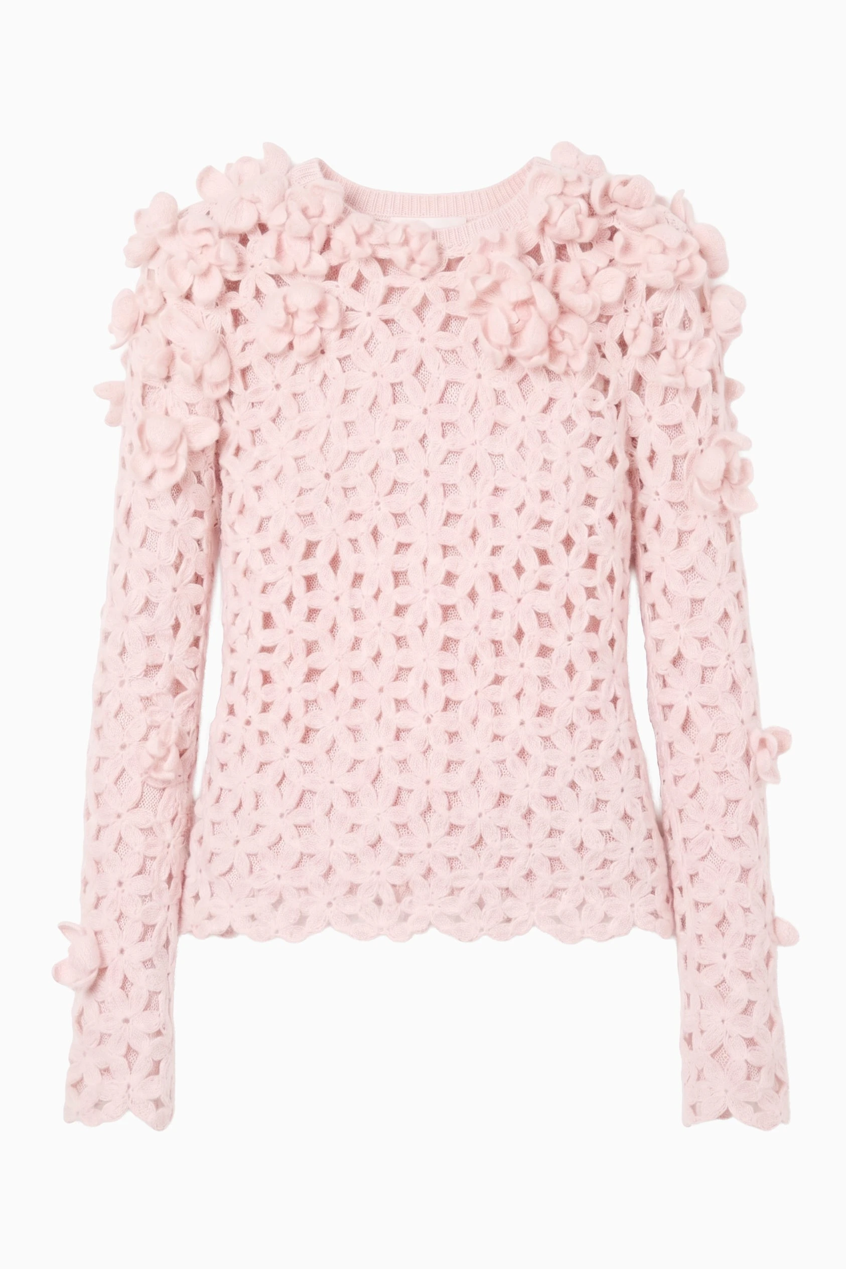 Bendetta Crochet Pullover with Embroidered Flowers in Powder