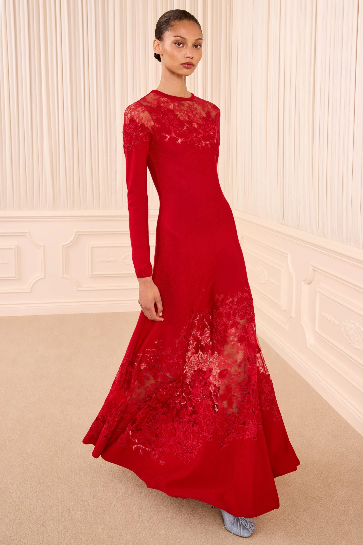 Clemence Long Sleeve Lace Dress in Cerise