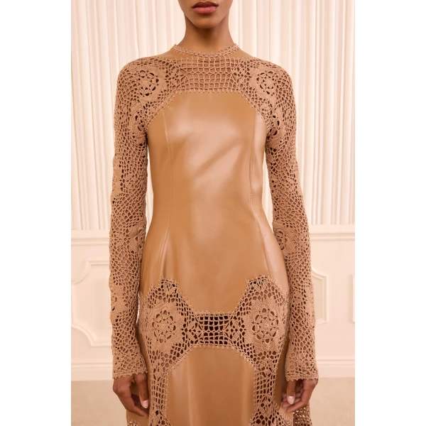 emi long sleeve crochet & leather dress camel
