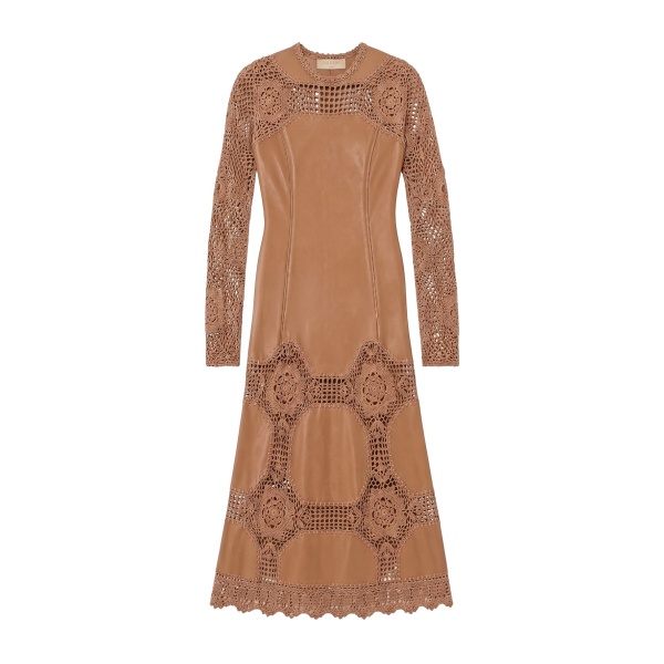 ulla johnson emi long sleeve crochet & leather dress