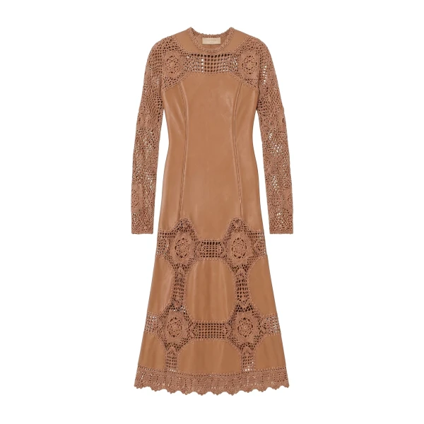 Emi Long Sleeve Crochet & Leather Dress in Camel
