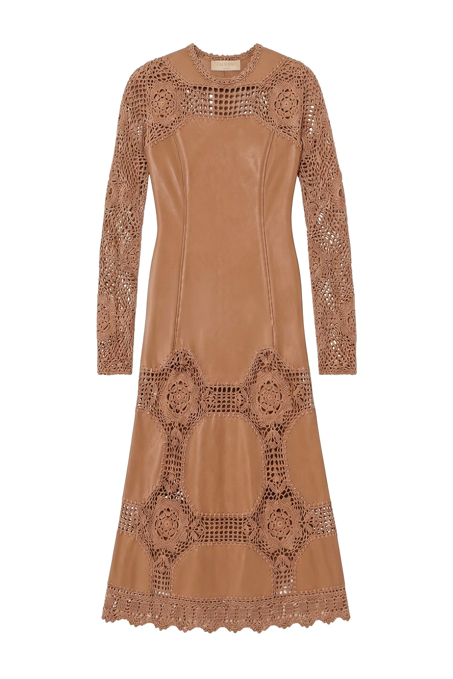 Ulla Johnson Emi Long Sleeve Crochet & Leather Dress in Camel ulla johnson emi long sleeve crochet & leather dress