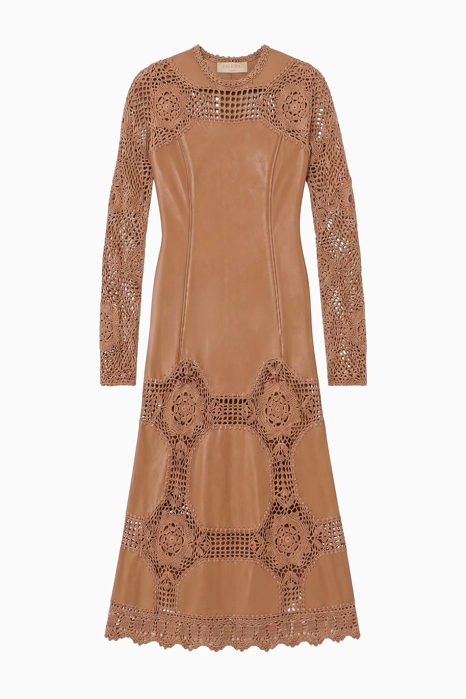 Emi Long Sleeve Crochet & Leather Dress in Camel