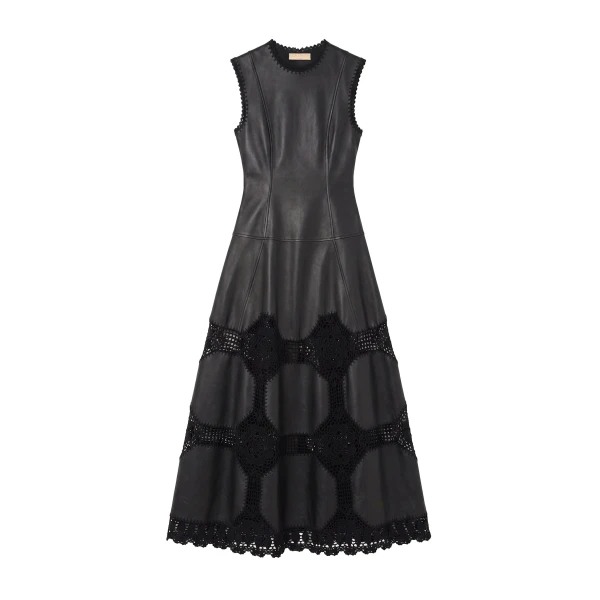 Ilana Sleeveless Crochet & Leather Dress in Noir