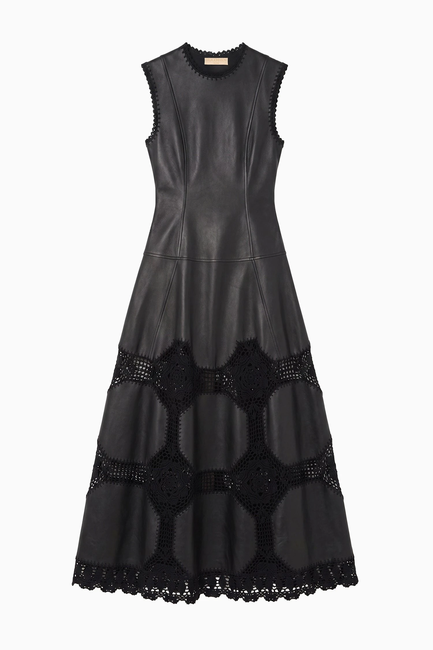 Ilana Sleeveless Crochet & Leather Dress in Noir