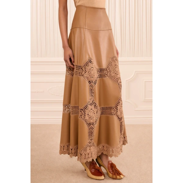 izra crochet & leather skirt camel