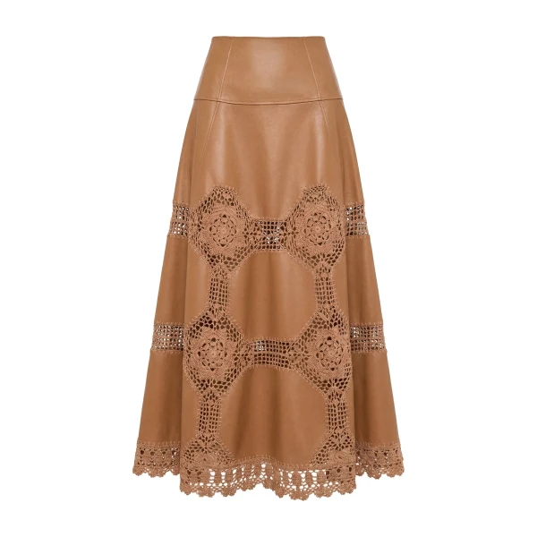 Izra Crochet & Leather Skirt in Camel