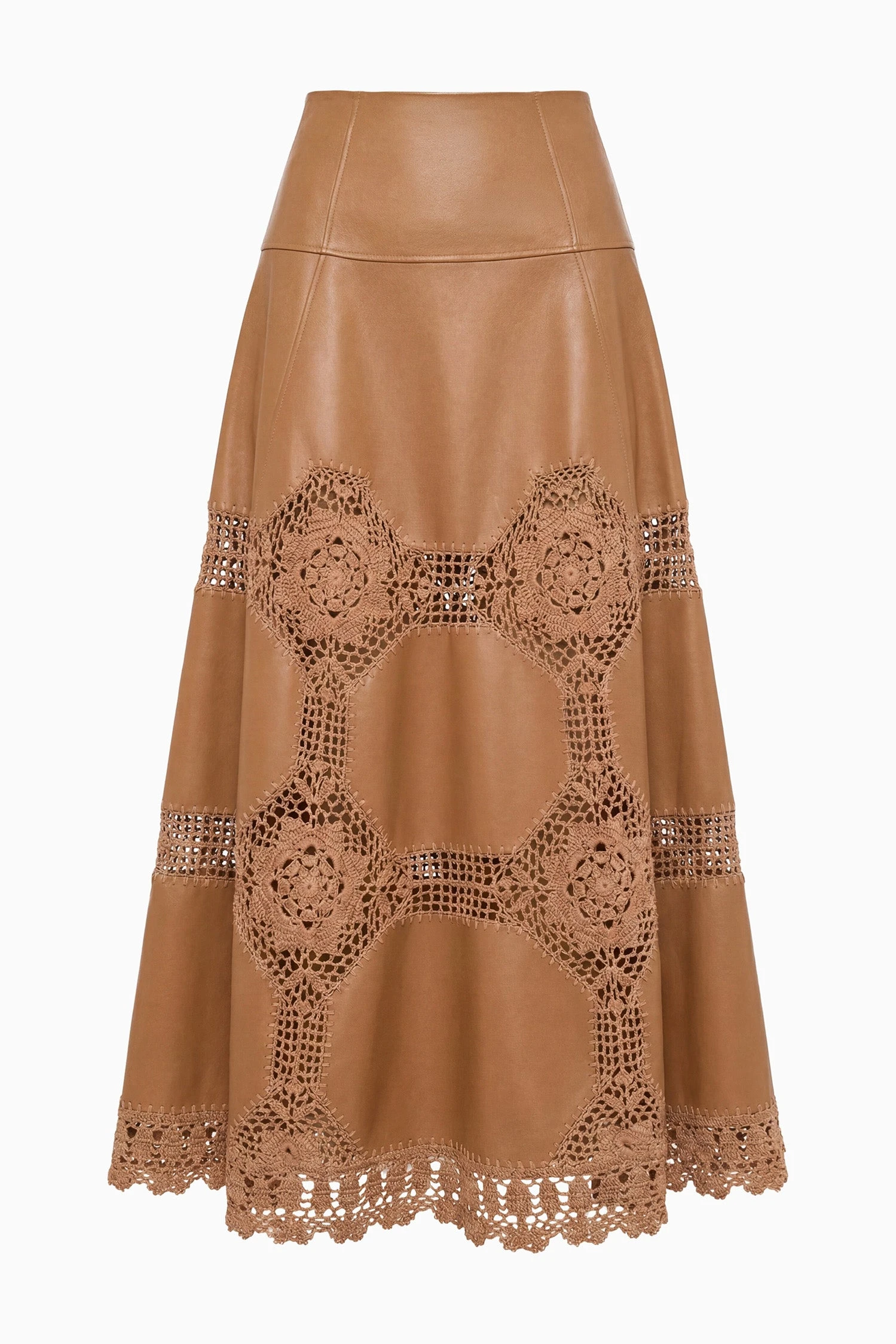 Izra Crochet & Leather Skirt in Camel