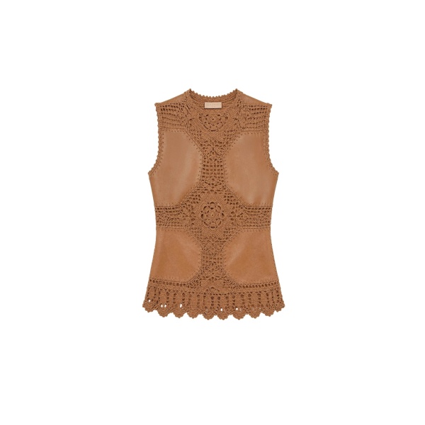 ulla johnson livia sleeveless crochet & leather top