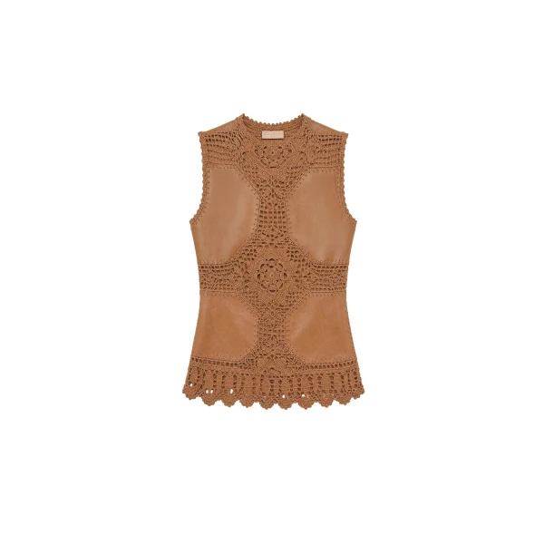 Livia Sleeveless Crochet & Leather Top in Camel