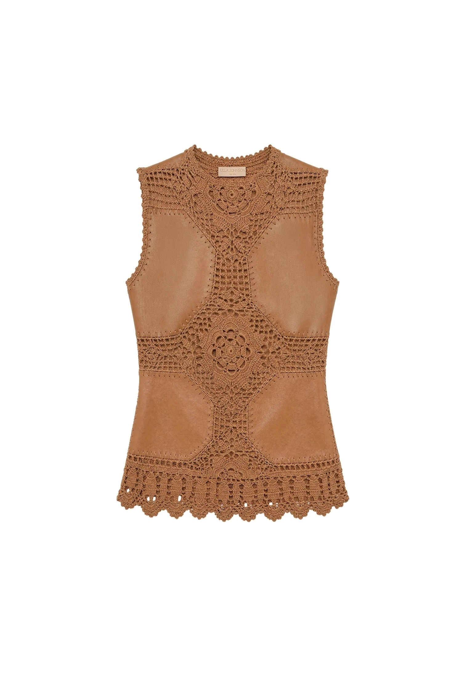 Ulla Johnson Livia Sleeveless Crochet & Leather Top in Camel ulla johnson livia sleeveless crochet & leather top