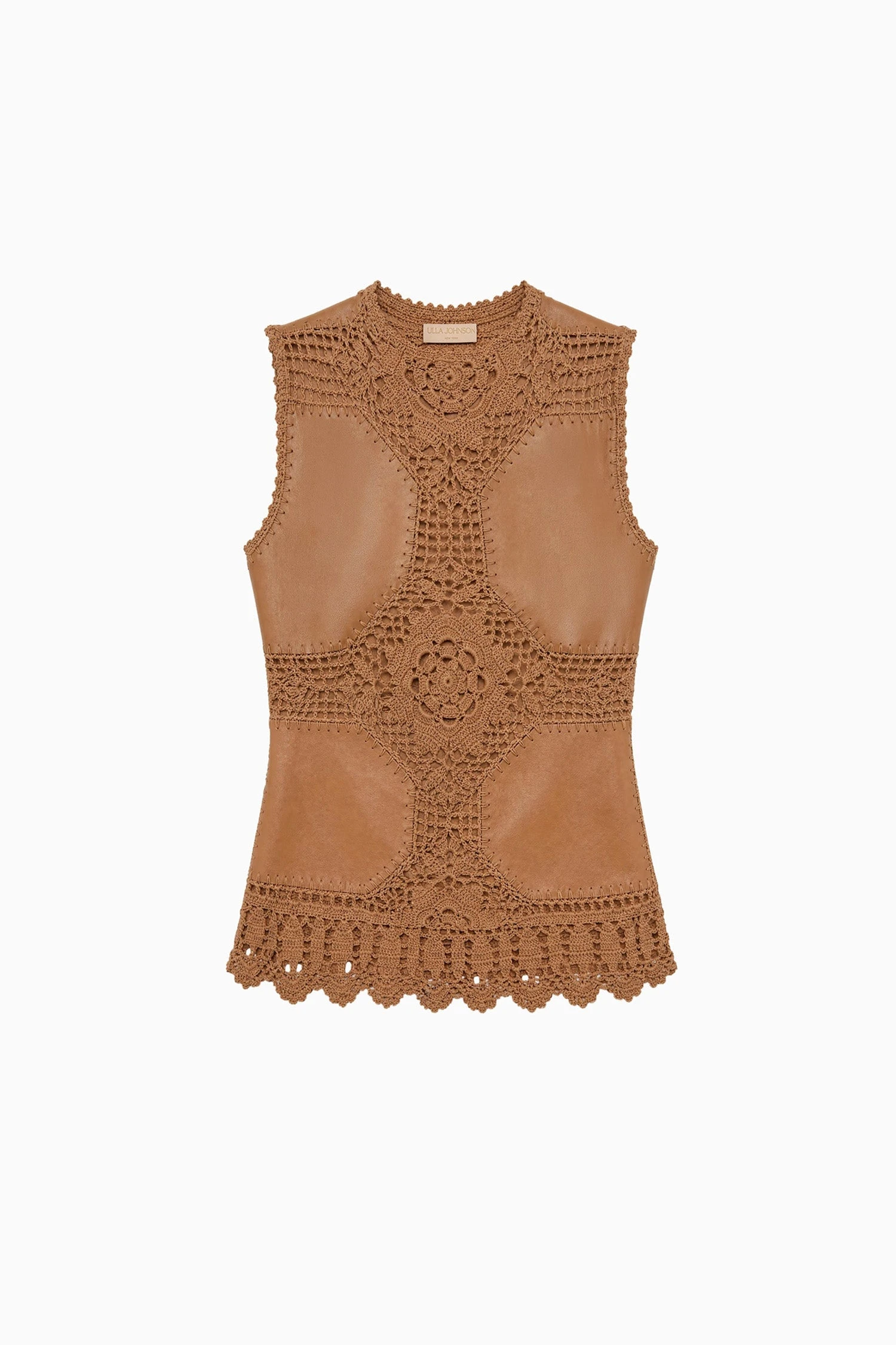 Livia Sleeveless Crochet & Leather Top in Camel