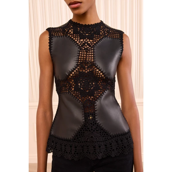livia sleeveless crochet & leather top noir
