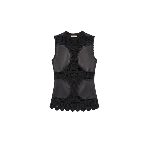 ulla johnson livia sleeveless crochet & leather top