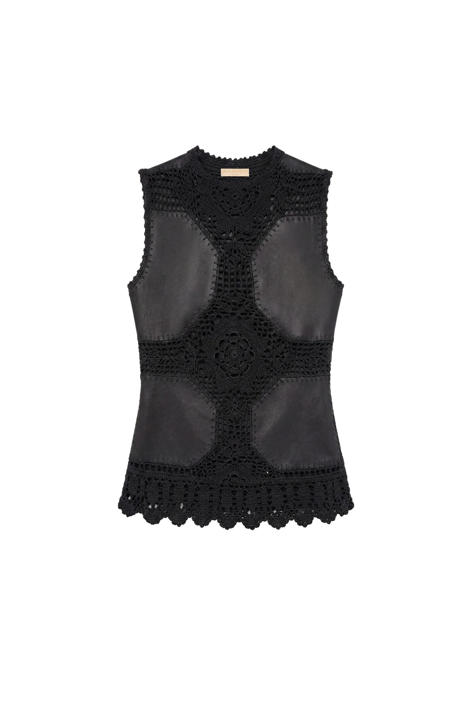 Ulla Johnson Livia Sleeveless Crochet & Leather Top in Noir ulla johnson livia sleeveless crochet & leather top