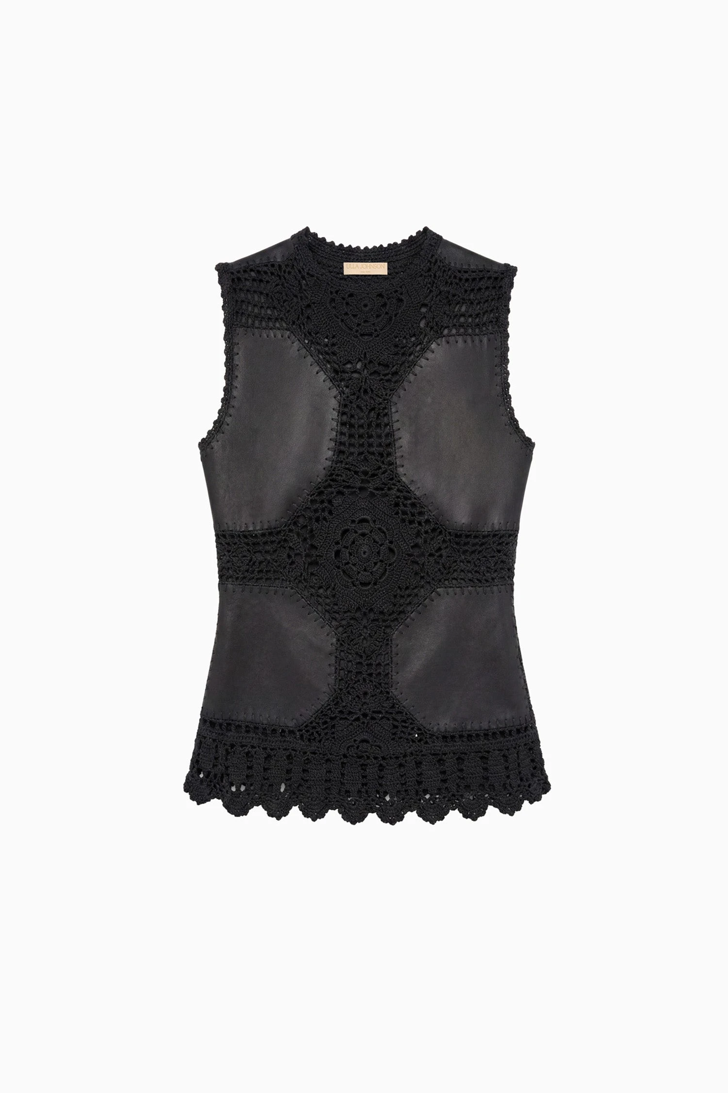 Livia Sleeveless Crochet & Leather Top in Noir