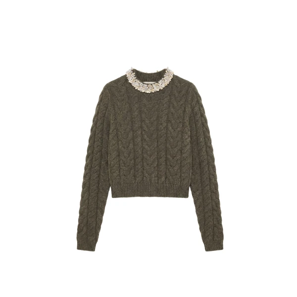 Marlie Knit Pullover with Embellishment in Militaire