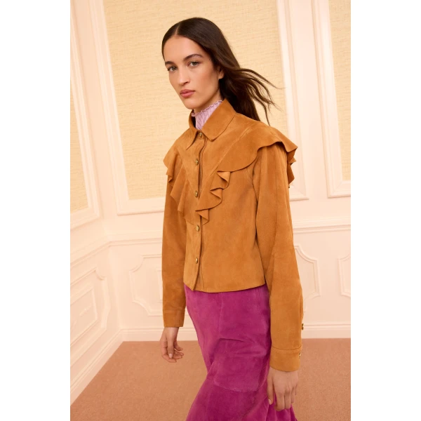 matilde ruffle suede jacket cognac