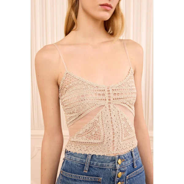mollie crochet & tulle top sandstone