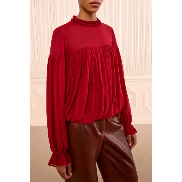 pearl long sleeve silk blouse cerise