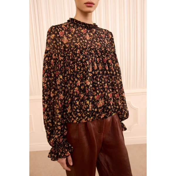 pearl long sleeve silk blouse noir mille fleur