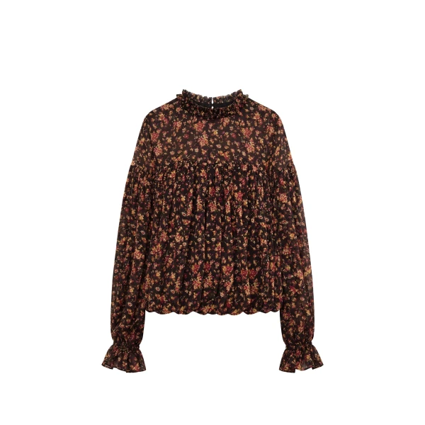 Pearl Long Sleeve Silk Blouse in Noir Mille Fleur