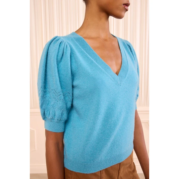reina puff cashmere top cerulean