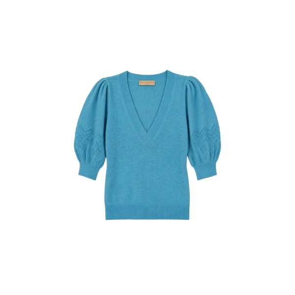 Reina Puff Cashmere Top in Cerulean
