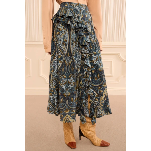 riele cascading ruffle silk skirt prussian