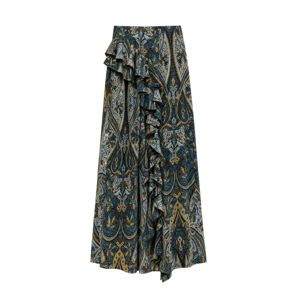 Riele Cascading Ruffle Silk Skirt in Prussian