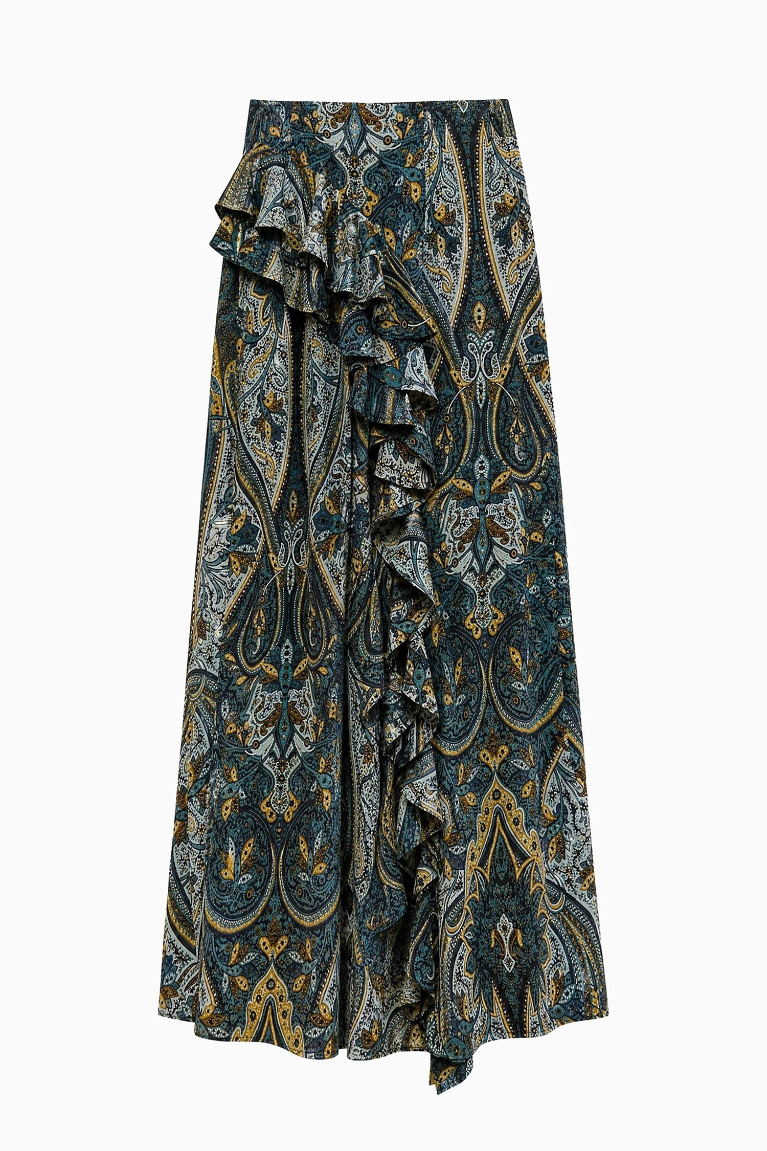 Riele Cascading Ruffle Silk Skirt in Prussian