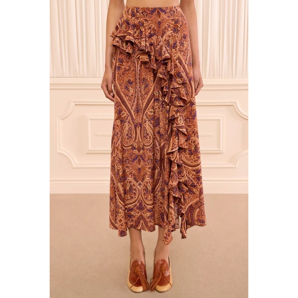 riele cascading ruffle silk skirt rosette