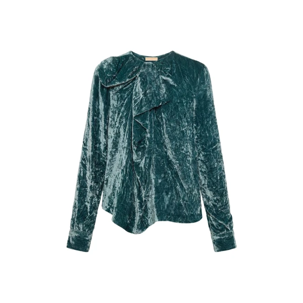 Vesa Long Sleeve Velvet Bow Blouse in Jadeite