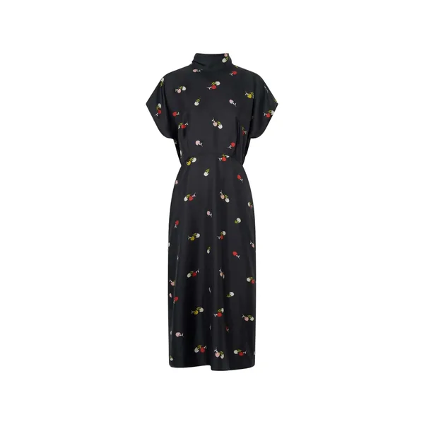 Duo Bud Print Tie Neck Dress Black