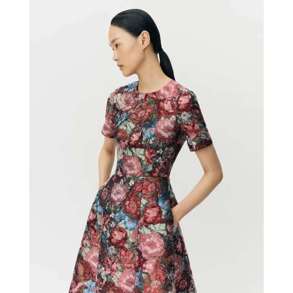 Adam Lippes Evangeline Dress in Floral Jacquard, Ruby Floral