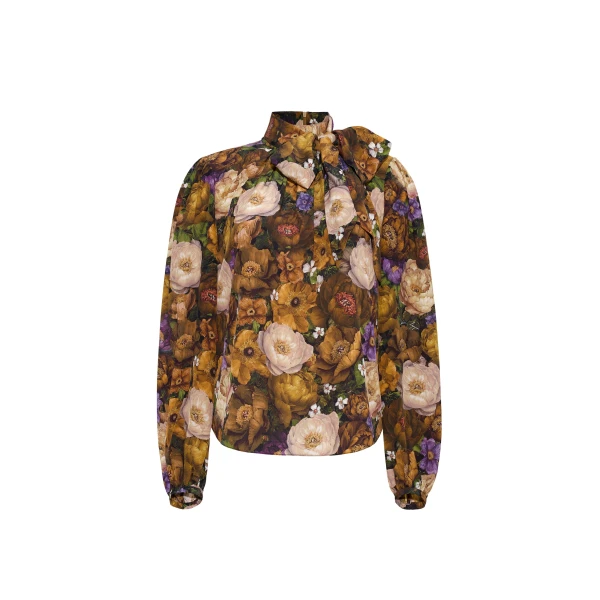 Adam Lippes Joan Top in Printed Silk Crepe De Chine, Gold Floral | Blouse | Luxury Shoes 