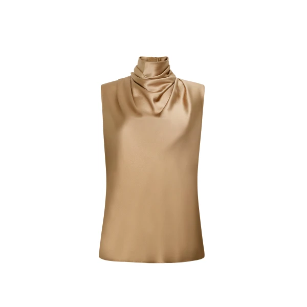 Adam Lippes Kaia Top in Silk Charmeuse, Khaki | Sleeveless | Luxury Shoes 