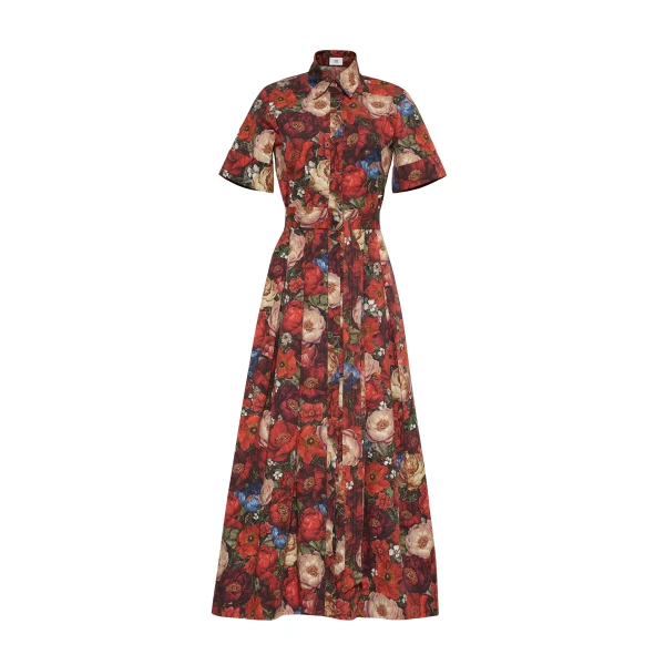 Adam Lippes Leighton Dress in Printed Cotton Poplin, Ruby Floral | Maxi Dresses | Luxury Shoes 
