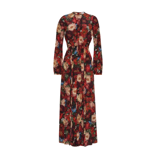 Adam Lippes Paravacini Dress in Printed Silk Crepe De Chine, Ruby Floral | Maxi Dresses | Luxury Shoes 