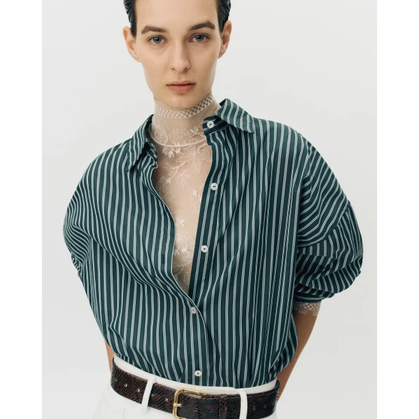 Adam Lippes Perrine Shirt in Stripe Shirting, Hunter Green White