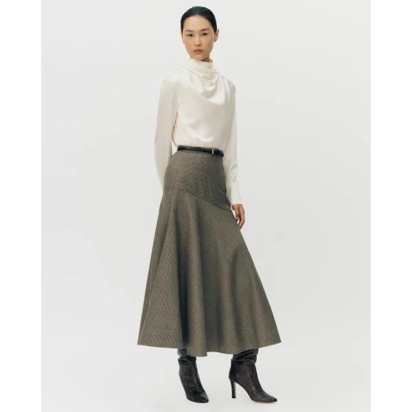 Adam Lippes Tess Skirt in Houndstooth Plaid, Camel Brown