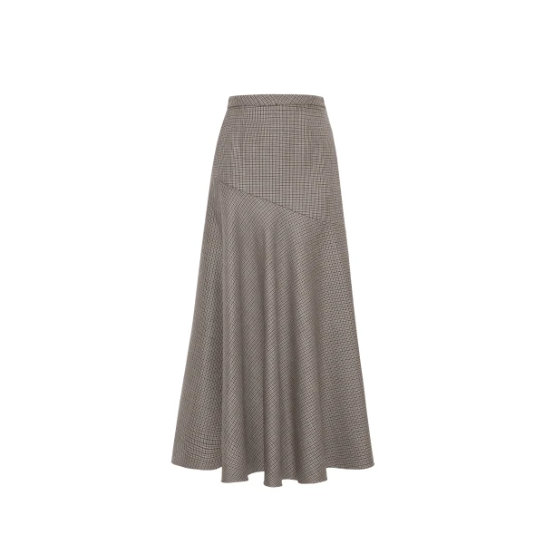 Adam Lippes Tess Skirt in Houndstooth Plaid, Camel Brown | Midi Skirts | Luxury Shoes 